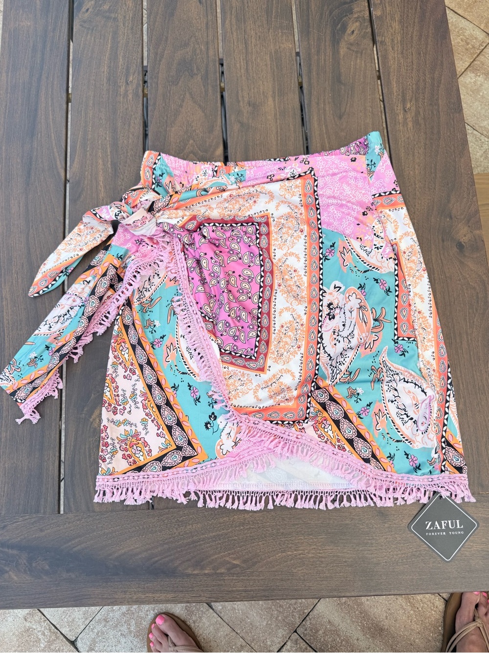 Zaful Pink & Teal Paisley Fringe Wrap Sarong